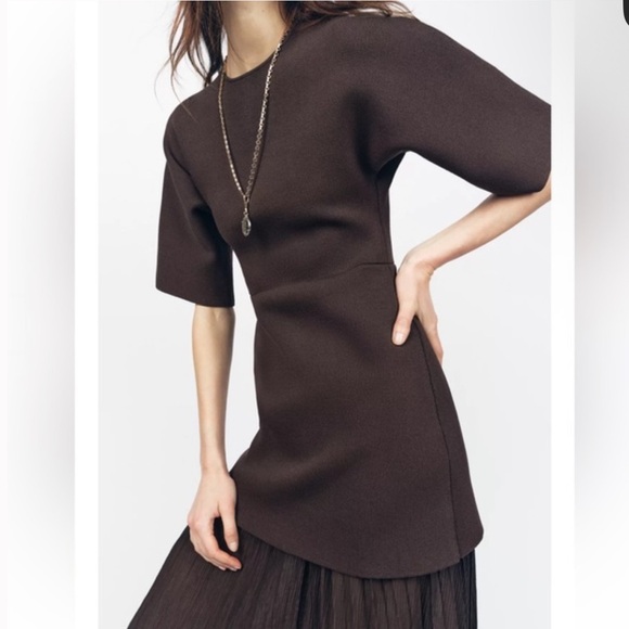ZARA BROWN PLEATED COMBINATION DRESS - Picture 1 of 5